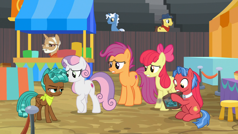 Size: 1920x1080 | Tagged: safe, derpibooru import, screencap, apple bloom, biscuit, pokey pierce, scootaloo, spur, sweetie belle, earth pony, pony, unicorn, growing up is hard to do, animation error, bandana, beard, box, cutie mark, cutie mark crusaders, facial hair, female, freckles, glasses, male, mare, missing wing, older, older apple bloom, older cmc, older scootaloo, older sweetie belle, raised hoof, sitting, stallion, stool, teenager, the cmc's cutie marks, unamused, worried