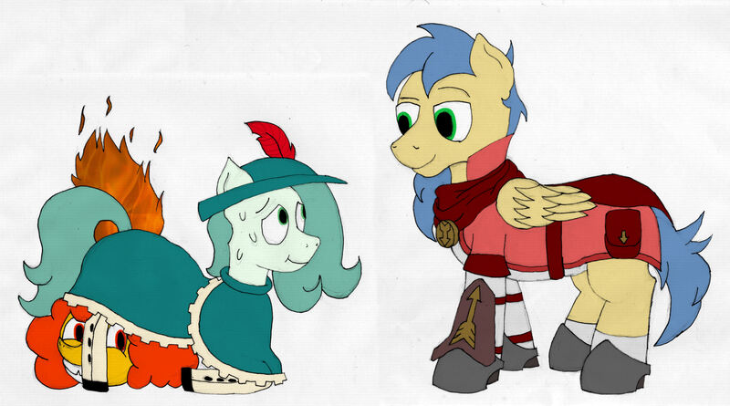 Size: 4460x2480 | Tagged: safe, artist:minus, derpibooru import, oc, oc:emerald jewel, oc:pipadeaxkor, oc:skylight, unofficial characters only, demon, earth pony, pegasus, pony, colt quest, :i, belt, bracer, cape, clothes, colored, colt, crossdressing, drawing, dress, feather, female, fire, foal, folded wings, grin, hat, hiding, looking down, looking up, male, medallion, nervous, on fire, order of the arrow, pouch, secret santa, shoes, simple background, smiling, socks, stallion, sweat, traditional art, white background, wings