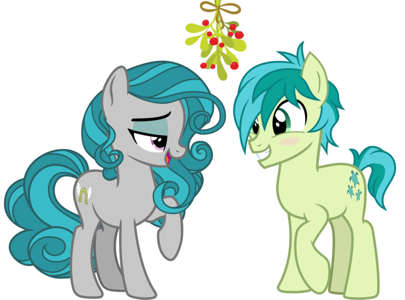 Size: 5400x4000 | Tagged: artist:cheezedoodle96, blushing, christmas, derpibooru import, eye contact, fake cutie mark, female, hearth's warming, holiday, idw, looking at each other, male, mistleholly, raised hoof, safe, sandbar, shipping, simple background, smiling, straight, svg, .svg available, swiftbar, swift foot, transparent background, vector