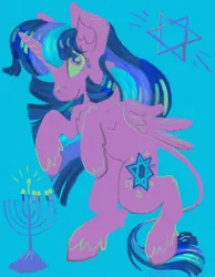 Size: 500x643 | Tagged: alicorn, alternate color palette, artist:pumpkin-somethin-art, blue, candle, derpibooru import, festive, hanukkah, holiday, leonine tail, menorah, safe, solo, twilight sparkle, twilight sparkle (alicorn), wingding eyes