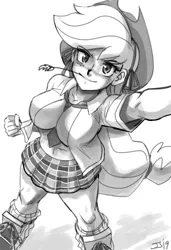 Size: 800x1173 | Tagged: absolute cleavage, applebucking thighs, applejack, artist:johnjoseco, ask gaming princess luna, belly button, breasts, busty applejack, cleavage, clothes, cosplay, costume, cowboy hat, derpibooru import, female, freckles, hat, human, humanized, katsuragi, looking at you, miniskirt, monochrome, open clothes, open shirt, plaid skirt, pleated skirt, senran kagura, sketch, skirt, socks, stetson, straw in mouth, suggestive, thighs