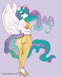 Size: 2000x2500 | Tagged: alicorn, anthro, artist:rainbowsprinklesart, boobs and butt pose, clothes, derpibooru import, female, high heels, high res, looking at you, looking back, midriff, plantigrade anthro, princess celestia, safe, shoes, signature, simple background, smiling