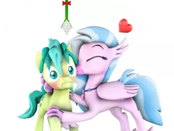 Size: 1280x960 | Tagged: safe, artist:pika-robo, derpibooru import, sandbar, silverstream, hippogriff, pony, 3d, blushing, christmas, cute, diastreamies, female, frown, heart, holiday, jewelry, kiss on the cheek, kissing, male, mistletoe, necklace, out of context, sandabetes, sandstream, shipping, simple background, source filmmaker, straight, surprise kiss, surprised, teenager, thousand yard stare, transparent background, wide eyes