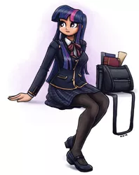 Size: 1500x1893 | Tagged: artist:king-kakapo, bag, book, book bag, clothes, cute, derpibooru import, female, human, humanized, mary janes, pantyhose, plaid skirt, pleated skirt, safe, school uniform, scroll, shoes, simple background, sitting, skirt, solo, twiabetes, twilight sparkle, white background