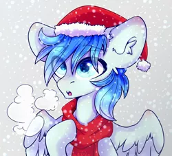 Size: 2200x2000 | Tagged: safe, artist:etoz, derpibooru import, oc, oc:sports news, unofficial characters only, pegasus, christmas, clothes, cold, commission, eyebrows, hat, holiday, male, pegasus oc, santa hat, scarf, snow, snowfall, solo, stallion, wingding eyes, wings, ych result
