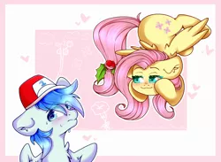 Size: 3000x2200 | Tagged: safe, artist:etoz, derpibooru import, fluttershy, oc, oc:sports news, pegasus, blushing, canon x oc, commission, cute, female, hat, holly, holly mistaken for mistletoe, male, mare, nervous sweat, pegasus oc, shipping, stallion, straight, sweat, wingding eyes, wings, ych result