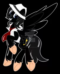 Size: 1280x1576 | Tagged: safe, artist:missmele-madness, derpibooru import, oc, oc:blackbird, pegasus, pony, black background, clothes, deviantart watermark, facial hair, glasses, hat, male, moustache, necktie, obtrusive watermark, simple background, solo, stallion, vest, watermark