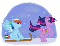 Size: 2341x1802 | Tagged: safe, artist:koloredkat, derpibooru import, rainbow dash, twilight sparkle, twilight sparkle (alicorn), alicorn, pegasus, pony, chest fluff, ear fluff, eyes closed, female, harness, lesbian, mare, pulling, running, shipping, sled, sledding, smiling, snow, spread wings, tack, twidash, wings