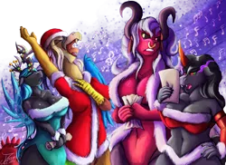 Size: 1750x1277 | Tagged: suggestive, artist:jamescorck, derpibooru import, discord, king sombra, lord tirek, queen chrysalis, anthro, breasts, busty eris, busty lady tirek, busty queen chrysalis, busty queen umbra, christmas, christmas lights, cleavage, clothes, costume, eris, female, females only, holiday, implied bottomless, lady tirek, queen umbra, reversalis, rule 63, santa costume