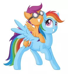 Size: 1208x1301 | Tagged: safe, artist:allyster-black, derpibooru import, rainbow dash, scootaloo, pegasus, pony, cute, duo, female, filly, goggles, mare, piggyback ride, ponies riding ponies, riding, scootalove, simple background, smiling, white background