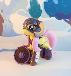 Size: 794x850 | Tagged: safe, artist:krowzivitch, derpibooru import, fluttershy, pegasus, pony, armor, craft, dovahshy, female, figurine, helmet, irl, mare, photo, sculpture, shield, skyrim, solo, the elder scrolls, traditional art