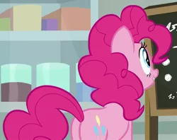Size: 1115x884 | Tagged: safe, derpibooru import, screencap, pinkie pie, earth pony, pony, the last laugh, balloonbutt, butt, chalkboard, cropped, female, mare, plot, smiling, solo