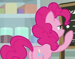 Size: 1155x899 | Tagged: safe, derpibooru import, screencap, pinkie pie, earth pony, pony, the last laugh, balloonbutt, butt, chalkboard, cropped, female, mare, plot, raised hoof, solo