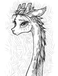 Size: 1000x1305 | Tagged: abstract background, artist:madhotaru, black and white, bust, derpibooru import, giraffe, grayscale, monochrome, oc, oc:twiggy, portrait, safe, solo, unofficial characters only