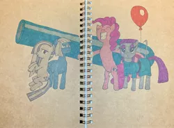 Size: 3656x2690 | Tagged: safe, artist:short tale, derpibooru import, limestone pie, marble pie, maud pie, pinkie pie, earth pony, balloon, hand drawing, hug, markers, notebook, party cannon, pie family, traditional art