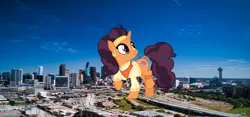 Size: 1984x926 | Tagged: safe, artist:reginault, derpibooru import, saffron masala, pony, unicorn, building, city, dallas, female, giant pony, giantess, highrise ponies, irl, macro, photo, ponies in real life, texas