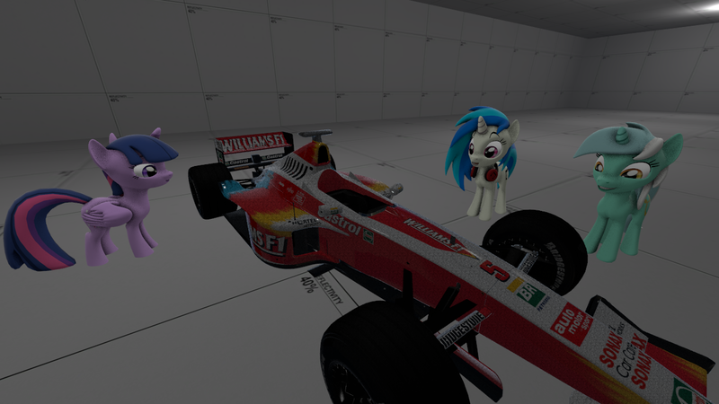 Size: 1280x720 | Tagged: safe, derpibooru import, lyra heartstrings, twilight sparkle, twilight sparkle (alicorn), vinyl scratch, alicorn, earth pony, pony, unicorn, 1999, 3d, bridgestone, bridgestone potenza, car, castrol, f1, formula 1, petrobras, source filmmaker, williams, williams f1, williams fw21, winfield williams