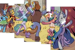 Size: 1244x836 | Tagged: safe, artist:pencils, derpibooru import, idw, flash magnus, meadowbrook, mistmane, ocellus, rockhoof, somnambula, star swirl the bearded, changedling, changeling, earth pony, pegasus, pony, unicorn, spoiler:comic, spoiler:comic84, bipedal, comic, cropped, dancing, disguise, pillars of equestria