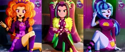 Size: 2435x1024 | Tagged: safe, artist:the-butch-x, derpibooru import, edit, editor:thomasfan45, adagio dazzle, aria blaze, sonata dusk, human, equestria girls, equestria girls series, find the magic, spoiler:eqg series (season 2), adoragio, ariabetes, ascot, beautiful, blushing, boots, butch's hello, clothes, crossed arms, crossed legs, cute, description is relevant, disguise, disguised siren, dress, equestria girls logo, evil grin, female, grin, headband, hello x, jacket, legs, looking at you, minidress, one eye closed, open mouth, peace sign, pigtails, polka dots, ponytail, sexy, shoes, signature, sitting, smiling, smiling at you, smirk, socks, sonatabetes, taco dress, talking, talking to viewer, the dazzlings, thighs, trio, trio female, twintails, wink, wristband