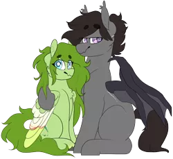 Size: 1796x1642 | Tagged: safe, artist:cold blight, artist:liefsong, derpibooru import, oc, oc:lief, oc:windwalker, unofficial characters only, bat pony, hybrid, pegasus, pony, 2020 community collab, derpibooru community collaboration, beanbrows, colored wings, couple, cute, eyebrows, floppy ears, male, multicolored wings, scar, simple background, sitting, smiling, transparent background, windsong, wings
