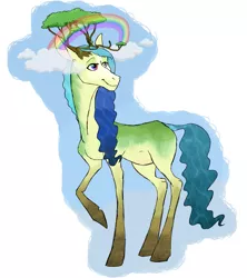 Size: 1873x2105 | Tagged: artist:phobicalbino, branches for antlers, cloud, derpibooru import, gaia, goddess, mother nature, oc, oc:fabula, rainbow, rainbow eyes, raised hoof, safe, solo, tree, unofficial characters only