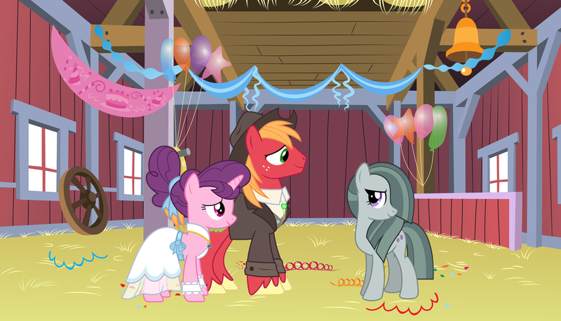 Size: 2064x1182 | Tagged: safe, derpibooru import, big macintosh, marble pie, sugar belle, pony, the big mac question, acceptance, aftermath, approval, barn, best wishes, better as friends, bittersweet, clothes, congratulations, dress, epilogue, female, friends, friendship, friendshipping, good end, hat, headcanon, hope, husband and wife, i want my beloved to be happy, i wish you love, just friends, looking at each other, lyrics in the description, male, married couple, moving on, party, ship sinking, shipping, shirt, smiling, song reference, straight, sugarmac, suit, thanks, vest, wedding dress, youtube link, youtube link in the description