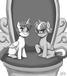 Size: 1000x1134 | Tagged: 4chan, alicorn, alula, artist:johnjoseco, ask gaming princess luna, awwlula, brave, cute, derpibooru import, duo, erroriabetes, female, filly, flurrybetes, grayscale, looking at you, mare, monochrome, pluto, princess erroria, princess flurry heart, safe, sketch, smiling, throne