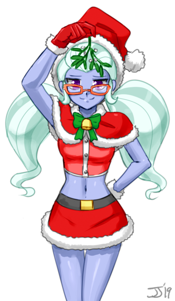 Size: 800x1374 | Tagged: safe, artist:johnjoseco, color edit, derpibooru import, edit, sugarcoat, ask gaming princess luna, equestria girls, belly button, belt, christmas, clothes, colored, colored pupils, costume, cute, female, glasses, gloves, hat, holiday, looking at you, midriff, miniskirt, mistletoe, pigtails, santa costume, santa hat, simple background, skirt, smiling, smirk, solo, sugarcute, twintails, white background