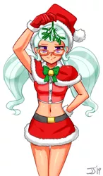 Size: 800x1374 | Tagged: safe, artist:johnjoseco, color edit, derpibooru import, edit, sugarcoat, ask gaming princess luna, equestria girls, belly button, belt, christmas, clothes, colored, costume, cute, female, glasses, gloves, hat, holiday, human coloration, looking at you, midriff, miniskirt, mistletoe, pigtails, santa costume, santa hat, simple background, skirt, smiling, smirk, solo, sugarcute, twintails, white background
