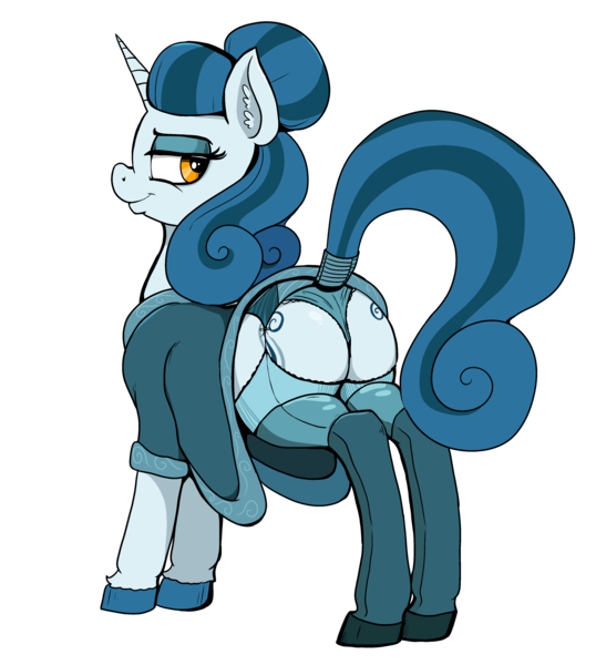 Size: 3798x4238 | Tagged: suggestive, artist:paskanaakka, derpibooru import, oc, oc:cerulean swirls, unofficial characters only, pony, unicorn, both cutie marks, butt, clothes, ear fluff, eyeshadow, female, lingerie, makeup, mare, panties, plot, raised tail, simple background, socks, solo, solo female, stockings, tail, tail wrap, thigh highs, transparent background, underwear