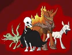 Size: 2200x1678 | Tagged: semi-grimdark, artist:phobicalbino, derpibooru import, oc, unofficial characters only, monster pony, skeleton pony, armor, bone, cloak, clothes, fangs, featherless wings, fire, four horsemen of the apocalypse, four horses of the apocalypse, hoof shoes, horseman of death, horseman of famine, horseman of pestilence, horseman of war, leg wrapping, mane of fire, quartet, red background, simple background, skeleton, tongue out, visor, wings