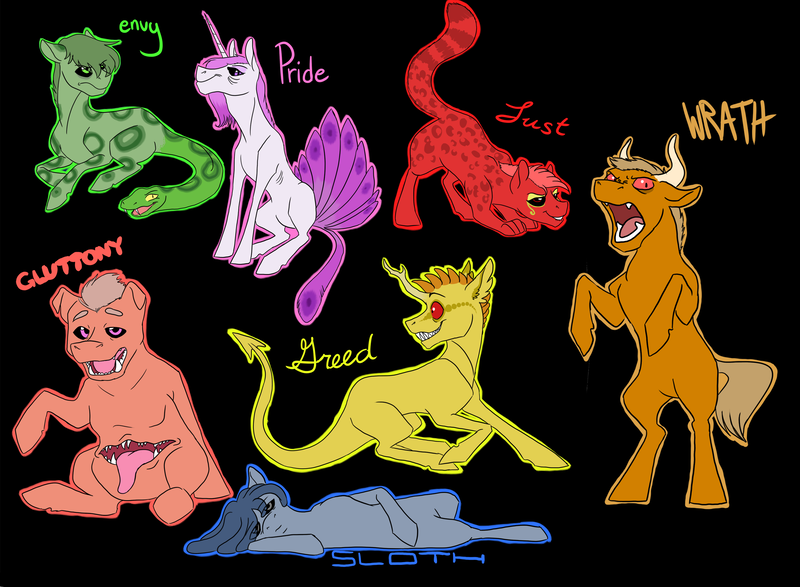 Size: 3000x2200 | Tagged: safe, artist:phobicalbino, derpibooru import, oc, oc:envy, oc:gluttony, oc:greed, oc:lust, oc:pride, oc:sloth, oc:wrath, unofficial characters only, monster pony, snake, belly mouth, black background, black sclera, bull horns, forked horn, horns, lying down, open mouth, peacock feathers, peacock tail, rearing, red eyes, seven deadly sins, simple background, snake for a tail, spotted, tail, tongue out