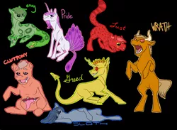 Size: 3000x2200 | Tagged: safe, artist:phobicalbino, derpibooru import, oc, oc:envy, oc:gluttony, oc:greed, oc:lust, oc:pride, oc:sloth, oc:wrath, unofficial characters only, monster pony, snake, belly mouth, black background, black sclera, bull horns, forked horn, horns, lying down, open mouth, peacock feathers, peacock tail, rearing, red eyes, seven deadly sins, simple background, snake for a tail, spotted, tail, tongue out