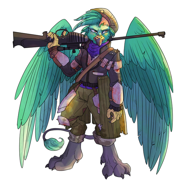 Size: 3000x3000 | Tagged: safe, artist:sourcherry, derpibooru import, oc, anthro, gryphon, fallout equestria, angry, armor, beret, bipedal, clothes, gun, hat, rifle, scar, scarf, sniper rifle, soldier, solo, standing, wasteland ventures, weapon, wings