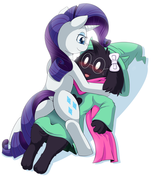 Size: 1760x2060 | Tagged: safe, artist:vavacung, derpibooru import, rarity, goat, pony, unicorn, blushing, deltarune, female, male, mare, ralsei