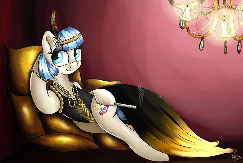 Size: 2432x1630 | Tagged: safe, artist:appleneedle, derpibooru import, coco pommel, earth pony, pony, bedroom eyes, bracelet, candle, chandelier, cigarette, cigarette holder, clothes, cocobetes, cute, dress, eyeshadow, fancy, feather, female, headband, jewelry, makeup, mare, necklace, pillow, smoking, solo, stupid sexy coco pommel