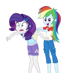 Size: 1300x1300 | Tagged: suggestive, artist:daarkenn, derpibooru import, rainbow dash, rarity, equestria girls, legend of everfree, assisted exposure, clothes, duo, duo female, female, frilly underwear, panties, rainbow douche, shirt, shorts, show accurate, simple background, t-shirt, transparent background, underwear, wedgie, yellow underwear