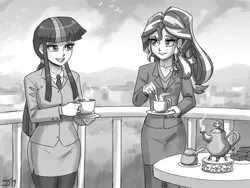 Size: 1300x975 | Tagged: artist:johnjoseco, ask gaming princess luna, business suit, clothes, derpibooru import, duo, female, grayscale, human, humanized, monochrome, older, safe, sketch, sunset shimmer, twilight sparkle