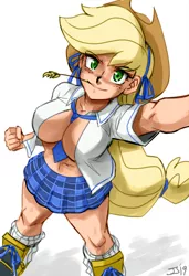 Size: 800x1173 | Tagged: absolute cleavage, applebucking thighs, applejack, artist:johnjoseco, ask gaming princess luna, belly button, breasts, busty applejack, cleavage, clothes, colored, color edit, colorist:lanceomikron, cosplay, costume, cowboy hat, derpibooru import, edit, female, freckles, hat, human, humanized, katsuragi, looking at you, miniskirt, open clothes, plaid skirt, pleated skirt, senran kagura, sketch, skirt, socks, solo, stetson, straw in mouth, suggestive, thighs