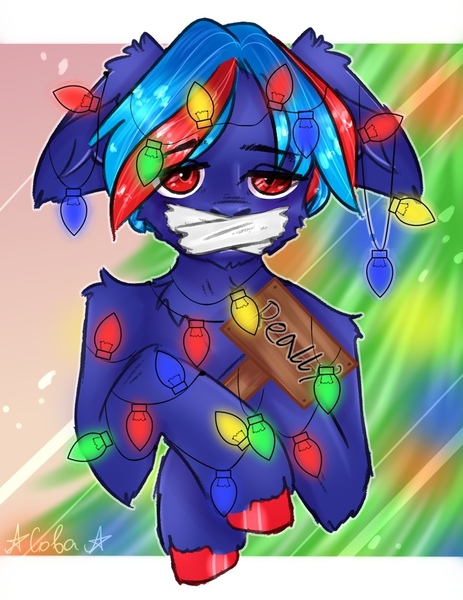 Size: 834x1080 | Tagged: artist:ilona furry, blue fur, bondage, christmas, christmas lights, christmas tree, derpibooru import, floppy ears, fur, gag, holiday, implied pegasus, oc, oc:hellfire, pegasus, red eyes, sad, safe, semi-anthro, solo, tape, tape gag, tree, unofficial characters only