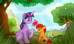 Size: 1280x768 | Tagged: safe, artist:rutkotka, derpibooru import, twilight sparkle, oc, oc:deimhal, earth pony, pegasus, unicorn, apple, apple tree, care, commission, female, food, grumpy, magic, male, mare, pear tree, ponyville, scenery, smiling, stallion, tree, unicorn twilight, windmill