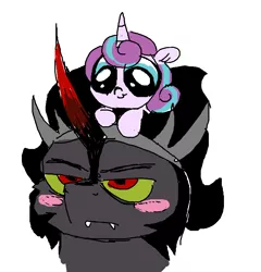 Size: 924x962 | Tagged: artist:smirk, blushing, blush sticker, bust, cute, derpibooru import, duo, fangs, flurrybetes, foal, king sombra, king sombra is not amused, ms paint, pony hat, portrait, princess flurry heart, safe, simple background, sketch, sombradorable, tsundere, uncle sombra, white background