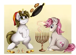 Size: 3509x2550 | Tagged: safe, artist:pridark, derpibooru import, oc, oc:intrepid charm, oc:sigmatau, unofficial characters only, pony, unicorn, candle, cloven hooves, commission, cutie mark, fire, food, hanukkah, high res, sitting, smiling