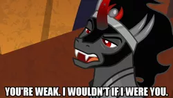 Size: 1280x720 | Tagged: safe, derpibooru import, edit, edited screencap, screencap, king sombra, pony, unicorn, the beginning of the end, caption, curved horn, horn, image macro, jewelry, male, meme, regalia, solo, stallion, text