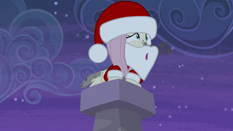 Size: 1280x720 | Tagged: safe, derpibooru import, edit, edited screencap, screencap, fluttershy, pegasus, pony, the cutie map, chimney, christmas, clothes, costume, dirty, fake beard, female, fluttersoot, hat, holiday, mare, night, open mouth, santa beard, santa claus, santa costume, santa hat, solo, soot