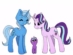 Size: 500x375 | Tagged: safe, artist:incendiaryboobs, derpibooru import, starlight glimmer, trixie, oc, oc:roulette, family, female, lesbian, magical lesbian spawn, offspring, parent:starlight glimmer, parent:trixie, parents:startrix, shipping, simple background, startrix, white background