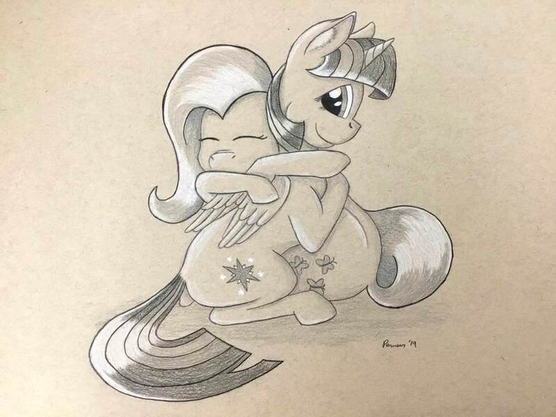 Size: 1032x774 | Tagged: safe, artist:peruserofpieces, derpibooru import, fluttershy, twilight sparkle, twilight sparkle (alicorn), alicorn, pegasus, pony, eyes closed, female, hug, mare, pencil drawing, smiling, toned paper, traditional art