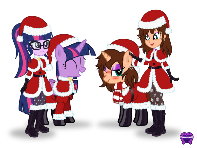 Size: 3989x3000 | Tagged: safe, artist:applec1234, deleted from derpibooru, derpibooru import, sci-twi, twilight sparkle, twilight sparkle (alicorn), oc, oc:chloe adore, alicorn, human, pony, unicorn, equestria girls, absurd resolution, blushing, boots, cape, christmas, clothes, dress, ear piercing, earring, eyeshadow, female, glasses, gloves, happy, hat, holiday, horn, human oc, jewelry, leggings, makeup, piercing, playing with ear, playing with oneself, santa hat, scarf, scrunchy face, self ponidox, shoes, simple background, smiling, transparent background, unicorn oc