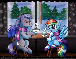 Size: 800x629 | Tagged: safe, artist:marybellamy, derpibooru import, rainbow dash, oc, pony, chair, christmas, christmas lights, clothes, deviantart watermark, hearth's warming, holiday, obtrusive watermark, scarf, snow, tree, watermark, window, winter