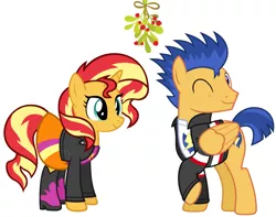 Size: 2244x1768 | Tagged: safe, artist:chainchomp2 edit, artist:zacatron94, derpibooru import, edit, flash sentry, sunset shimmer, pony, christmas, equestria girls outfit, female, flashimmer, holiday, male, mistleholly, shipping, straight
